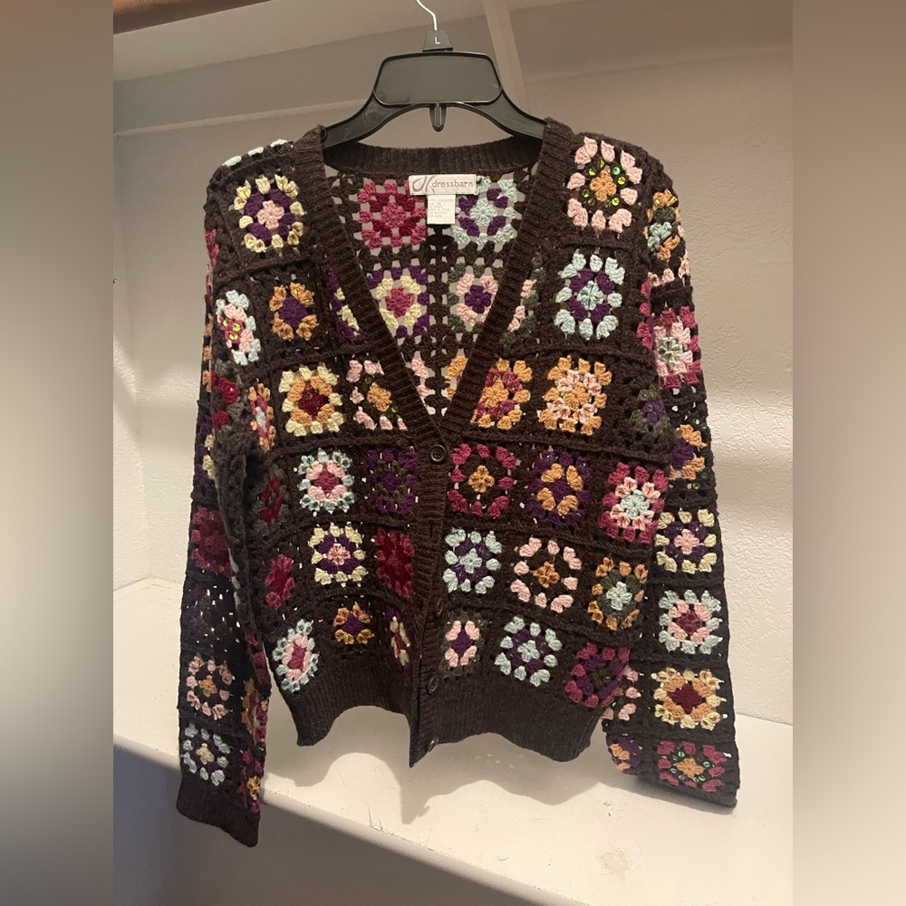 VTG Crochet DRESSBARN Floral Patchwork XL 100%Lambswool Cardigan Grandmacore - Picture 5 of 10